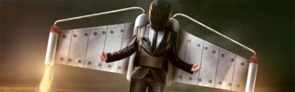 Mensch im Anzug und mit Motorradhelm hat einen Jetpack am Rücken