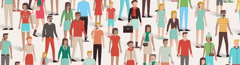 Illustration vieler unterschiedlicher Menschen in Alltagskleidung, stehend oder gehend – symbolisiert Vielfalt