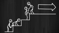 Stichmännchen, die sich gegenseitig die Treppe hoch helfen