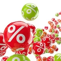 Rote und grüne Kugeln mit weißen Prozentzeichen schweben in einer dynamischen Anordnung