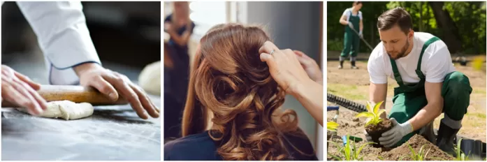 Drei Bilder zeigen verschiedene Gewerbe: Hände beim Nähen, eine Friseurin stylt Haare, ein Gärtner pflanzt Setzlinge