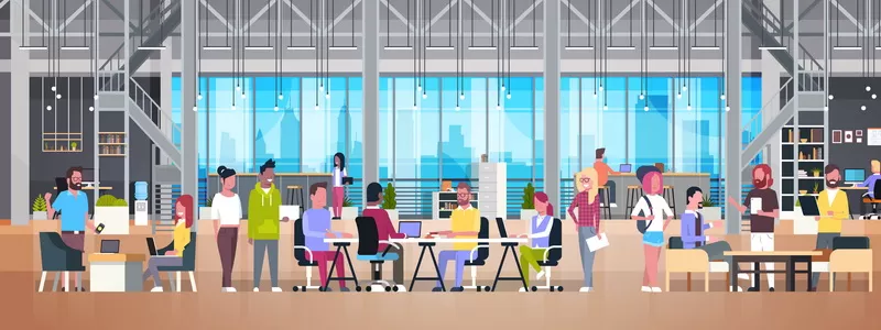 Illustration einer modernen Bürofläche mit mehreren Personen, die an Tischen arbeiten und sich unterhalten, große Fenster im Hintergrund