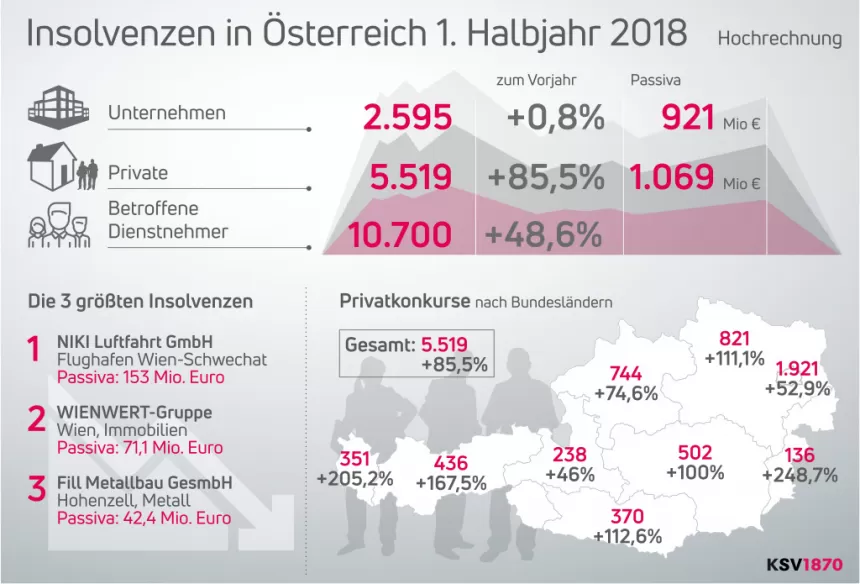Grafik zu den Insolvenzen in Österreich im 1. Halbjahr 2018