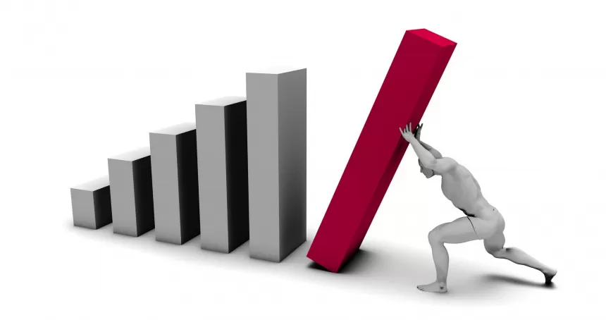 Illustration: Mann schiebt großen roten Balken in einem aufsteigenden Balkendiagramm