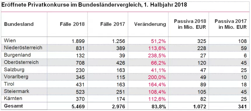 Tabelle zeigt Anzahl und Veränderung der eröffneten Privatkonkurse im 1. Halbjahr 2018 nach Bundesländern mit Vergleich zu 2017, inklusive Prozentänderungen und Privatkonkursen in Mio. EUR