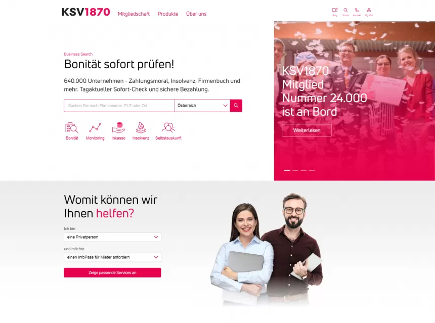 KSV1870 Website mit Suchfunktion zur sofortigen Bonitätsprüfung und Anzeige von Kreditangeboten