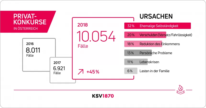 Infografik zu Privatkonkursen in Österreich: 10.054 Fälle im Jahr 2018, ein Anstieg von 46 %, mit Ursachenangaben in Prozent.