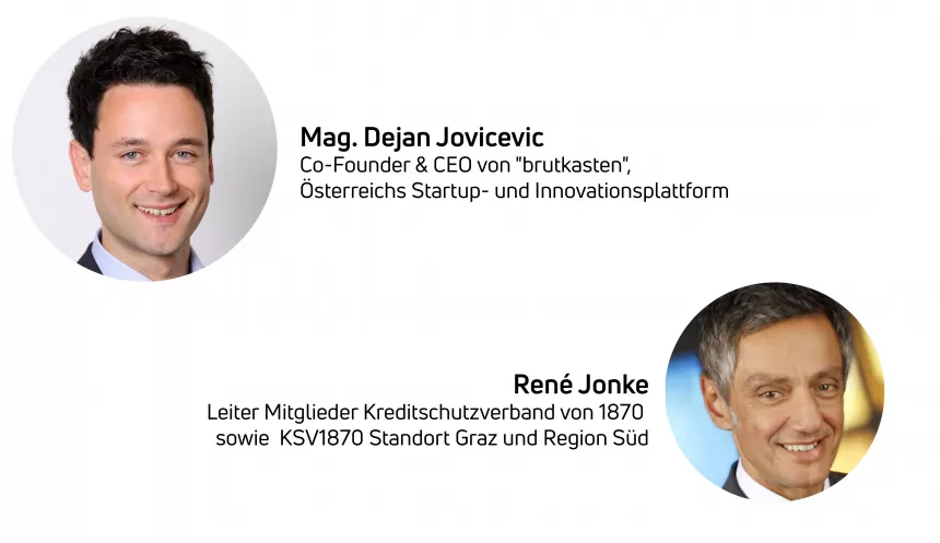 Porträts von Mag. Dejan Jovicevic, Co-Founder & CEO von Tractive, und René Jonke, Leiter Mitglieder KSV1870 Standort Graz und Region Süd