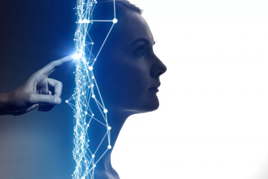 Hand berührt leuchtendes, vernetztes digitales Gesicht aus Punkten und Linien