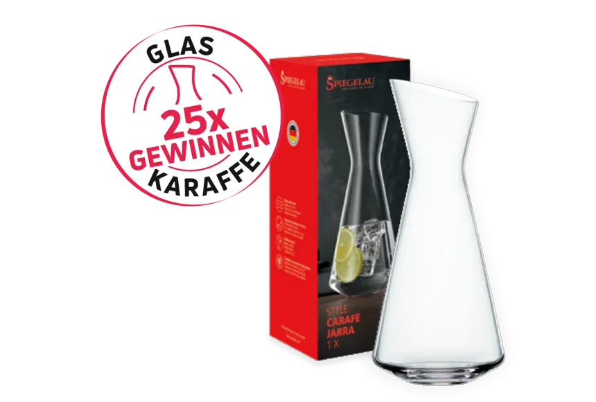 Abbildung einer Glaskaraffe und des Call to Action Buttons.