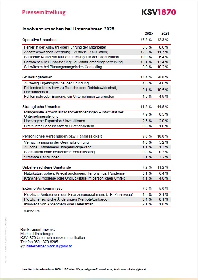 KSV1870 Auswertung Ursachen Unternehmensinsolvenzen 2025 Tabelle