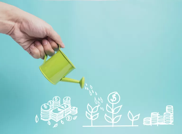 Hand gießt Wasser aus einer grünen Gießkanne auf gezeichnete Pflanzen mit Geldsymbolen, symbolisiert Crowdfunding und Investitionen