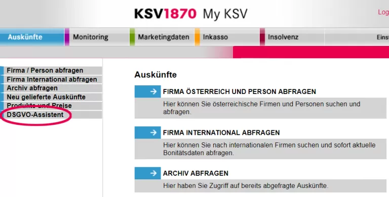 KSV1870 My KSV Webseite mit Menüoption 'DSGVO-Anfragen' hervorgehoben, zeigt Funktionen für DSGVO Assistent bestellen
