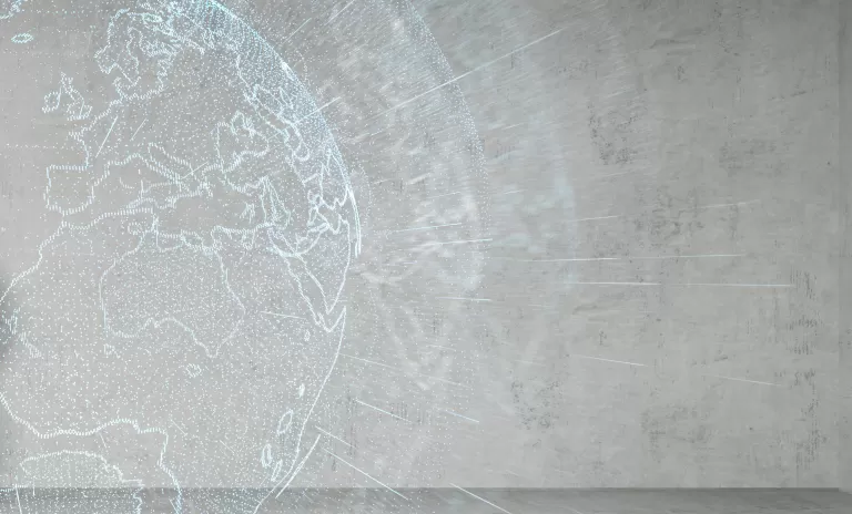 Weltkarte mit hervorgehobenen Kontinenten auf grauem Hintergrund, symbolisiert globale Vernetzung