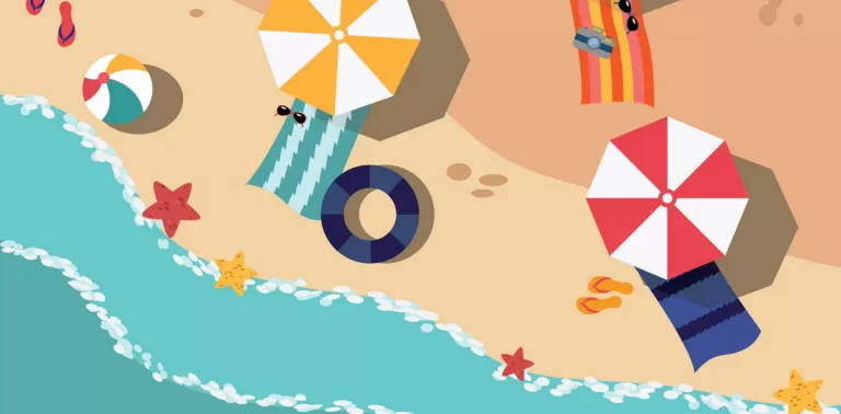 Illustration von einer Vogelperspektive auf Strand, Sonnenschirmen und Schwimmreifen
