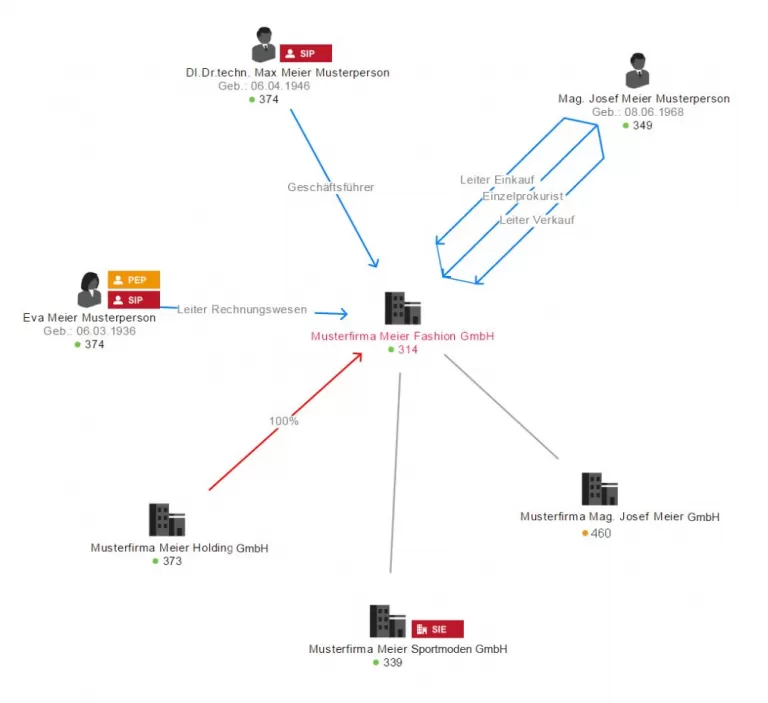 Diagramm zeigt Verbindungen zwischen Personen und Firmen mit Pfeilen, Zahlen und kurzen Beschreibungen zu Beziehungen und Daten.