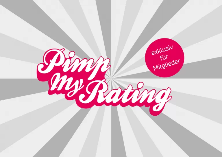 Text 'Pimp My Rating' in verspielter Schrift mit kleinem Kreis 'exklusiv für Mitglieder'