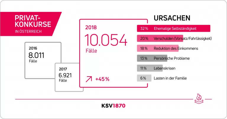 Infografik zu Privatkonkursen in Österreich: 10.054 Fälle im Jahr 2018, ein Anstieg von 46 %, mit Ursachenangaben in Prozent.