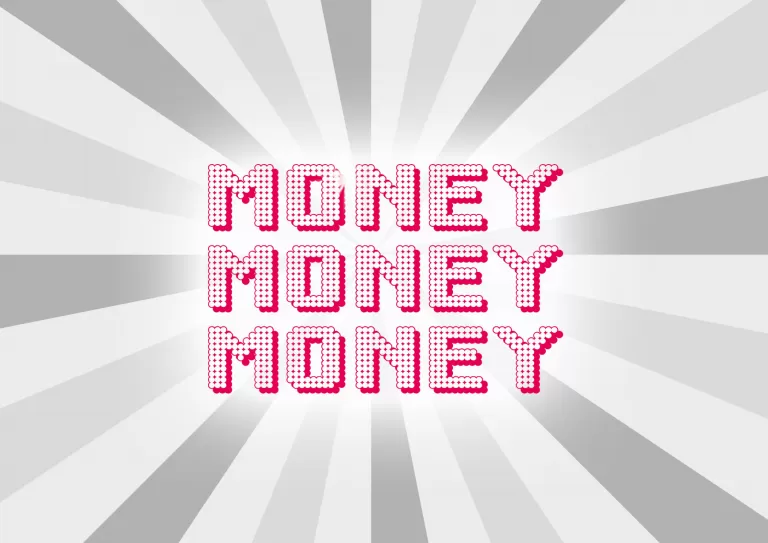 Knallpinker Schriftzug „MONEY MONEY MONEY“ vor einem radial grauen Hintergrund – eine auffällige und verspielte Darstellung von Reichtum.