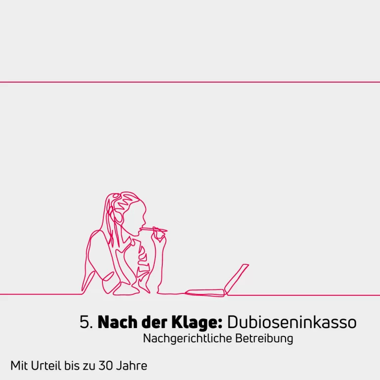 Zeichnung einer Frau am Laptop mit der Schrift '5. Nach der Klage: Dubioseninkasso' darunter 'Nachgerichtliche Betreibung' darunter Links in der Ecke 'Mit Urteil bis zu 30 Jahre'