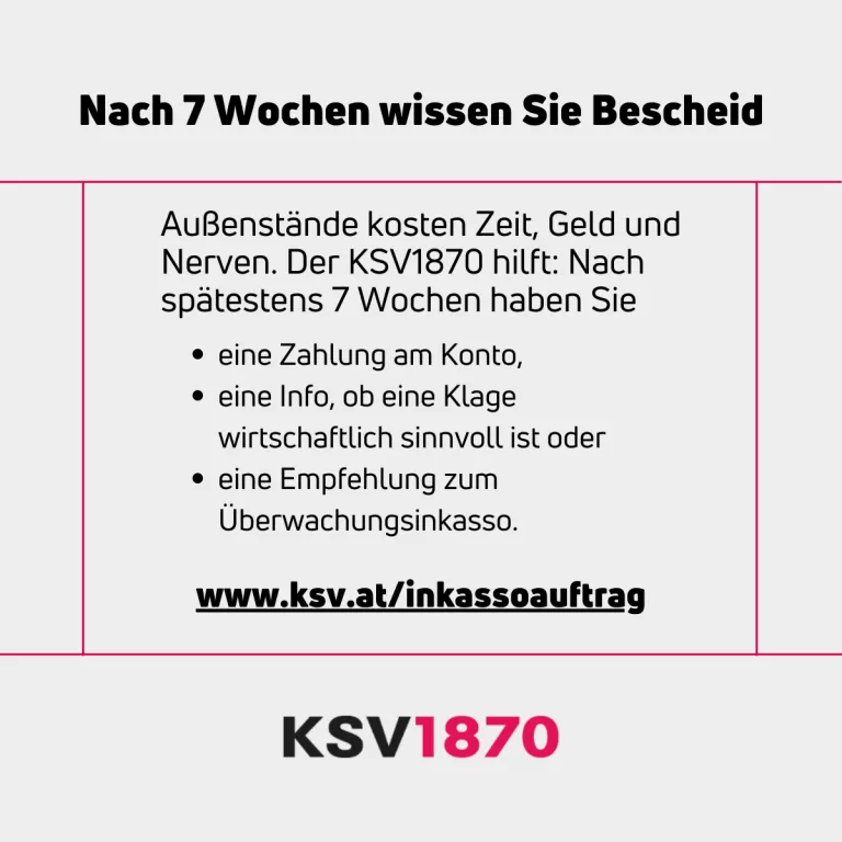 Schriftzug 'Nach 7 Wochen wissen Sie Bescheid', darunter 'Außenstände kosten Zeit, Geld und Nerven. Der KSV1870 hilft: Nach spätestens 7 Wochen haben Sie' dann folgt eine Aufzählung mit drei Punkten: 'eine Zahlung am Konto' 'eine Info, ob eine Klage wirtschaftlich sinnvoll ist oder' 'eine Empfehlung zum Überwachungsinkasso', der Link 'www.ksv.at/inkassoauftrag' und das KSV1870 Logo