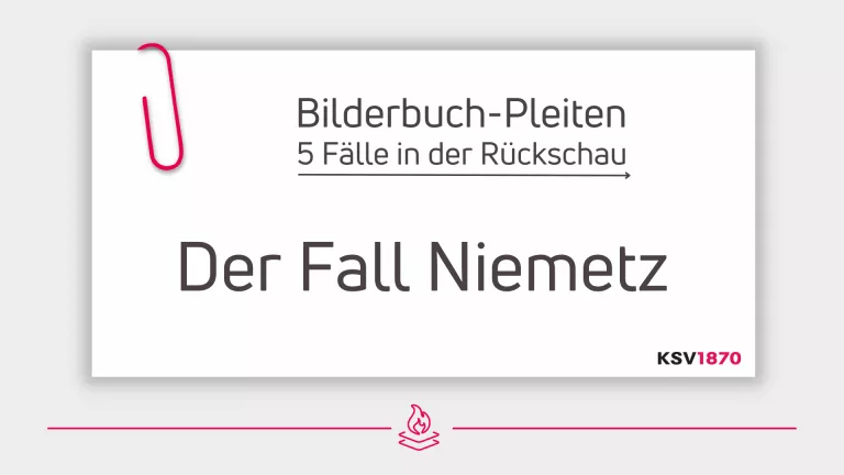 Karteikarte mit Schriftaufzug "Bilderbuch-Pleiten: 5 Fälle in der Rückschau. Der Fall Niemetz" mit KSV1870 Logo
