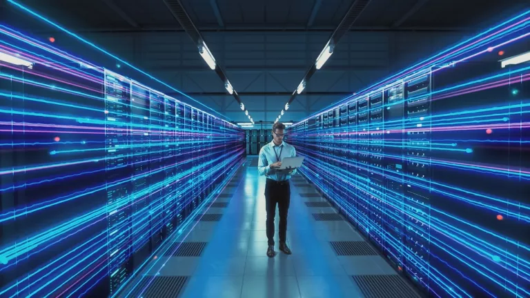 Data Center Chief Technology Officer Holding Laptop, Standing In Warehouse, Information Digitalization Lines Streaming Through Servers.