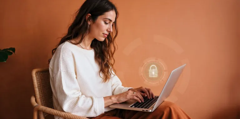 Frau mit Laptop über dem ein Vorhängeschloss schwebt