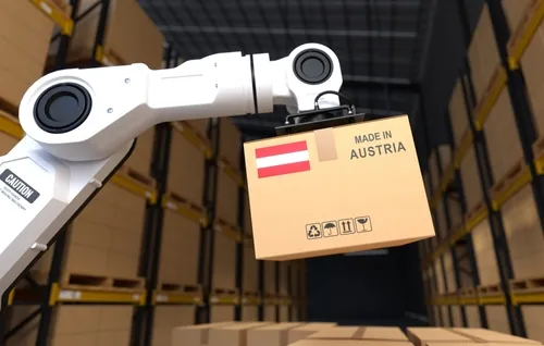 Maschine hebt Versandkarton mit Österreich-Fahne