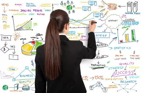 Frau mit Pferdeschwanz schreibt Diagramme und Notizen zu Geschäftsstrategien auf eine weiße Tafel