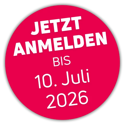 Pinker Button mit der Aufschrift "Jetzt anmelden bis 10. Juli 2026"
