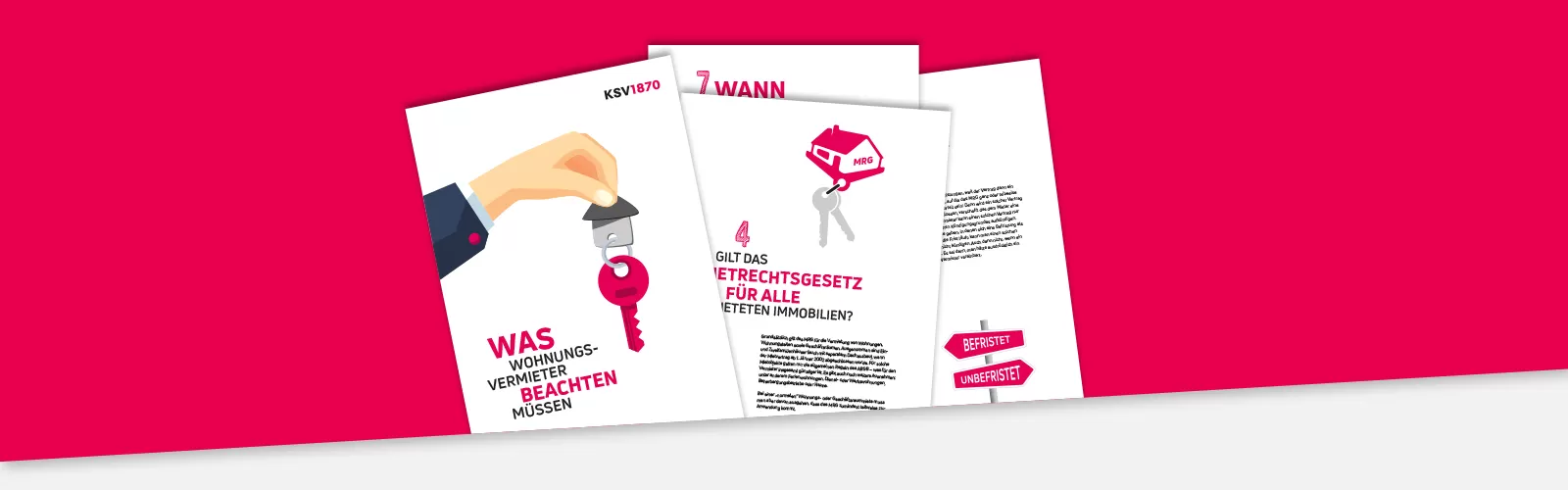 3 Seiten des Whitepapers "tipps für vermieter" mit Text und Grafiken, darunter ein Schlüsselanhänger mit rotem Schlüssel