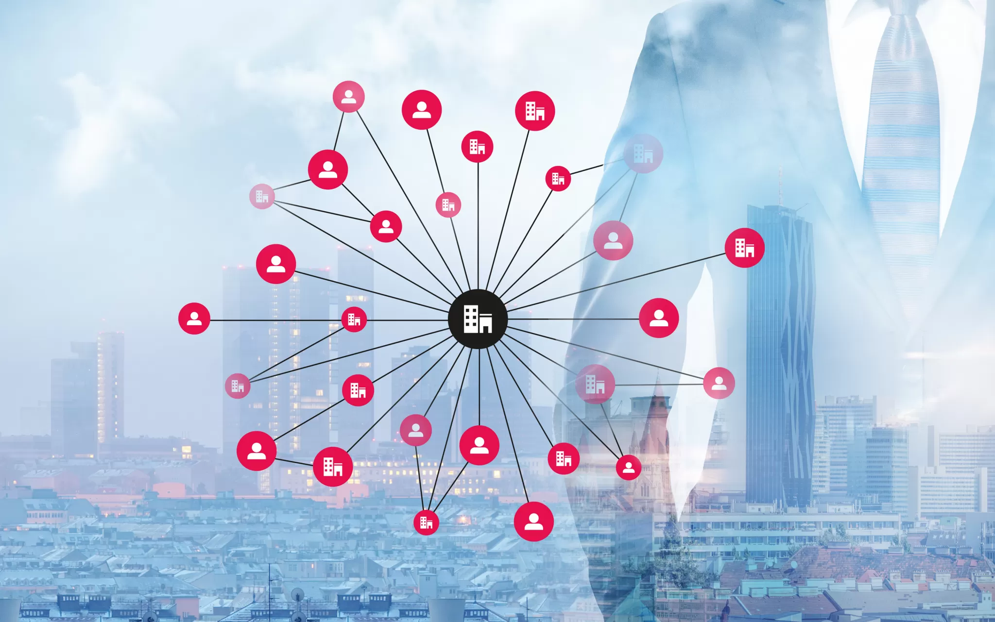 Netzwerkdiagramm mit Unternehmen-Symbol in der Mitte, verbunden mit mehreren roten Nutzer-Icons