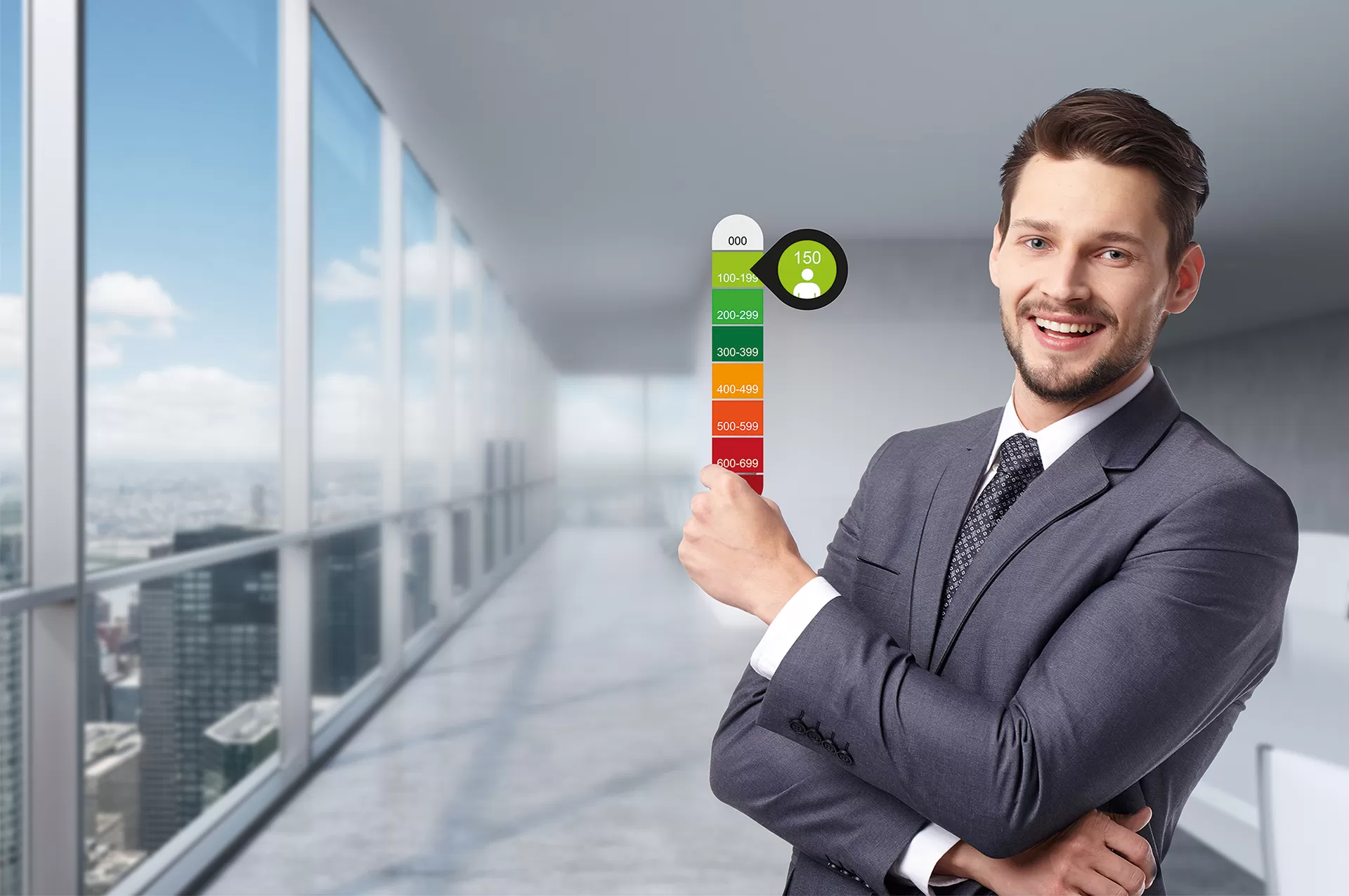 Mann im Anzug hält ein vertikales Stimmungsbarometer mit Farben von grün bis rot in einem modernen Bürogebäude