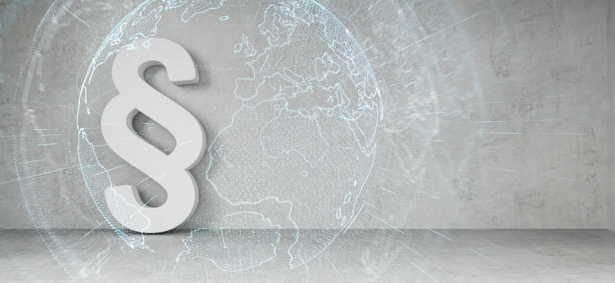 Großes weißes Paragraphenzeichen vor einer Weltkarte als Hintergrund