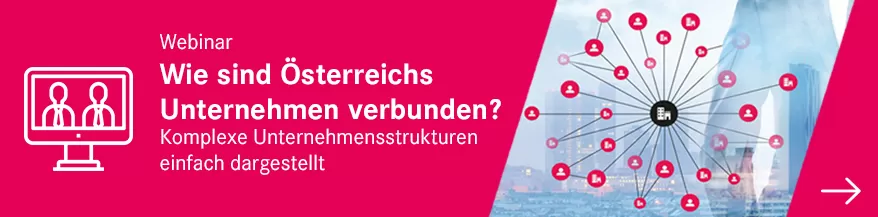 Webinar-Titel 'Wie sind Österreichs Unternehmen verbunden?' mit einer Grafik komplexer Unternehmensnetzwerke