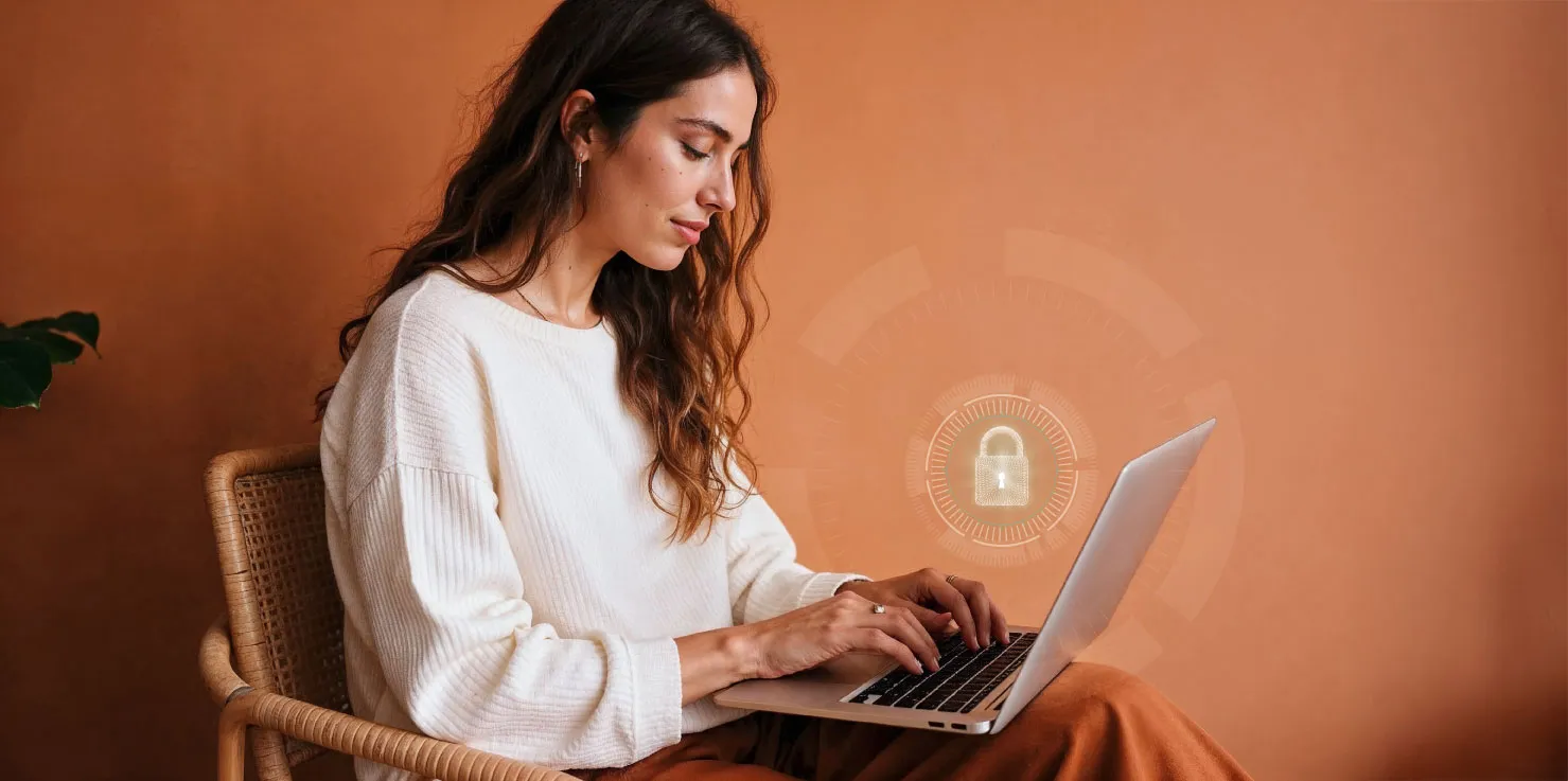 Frau mit Laptop über dem ein Vorhängeschloss schwebt